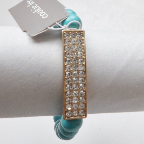 Cookie Lee NWT Turquoise Colored Bead Stretch Bracelet w/ Rhinestone Bar - Picture 7 of 10